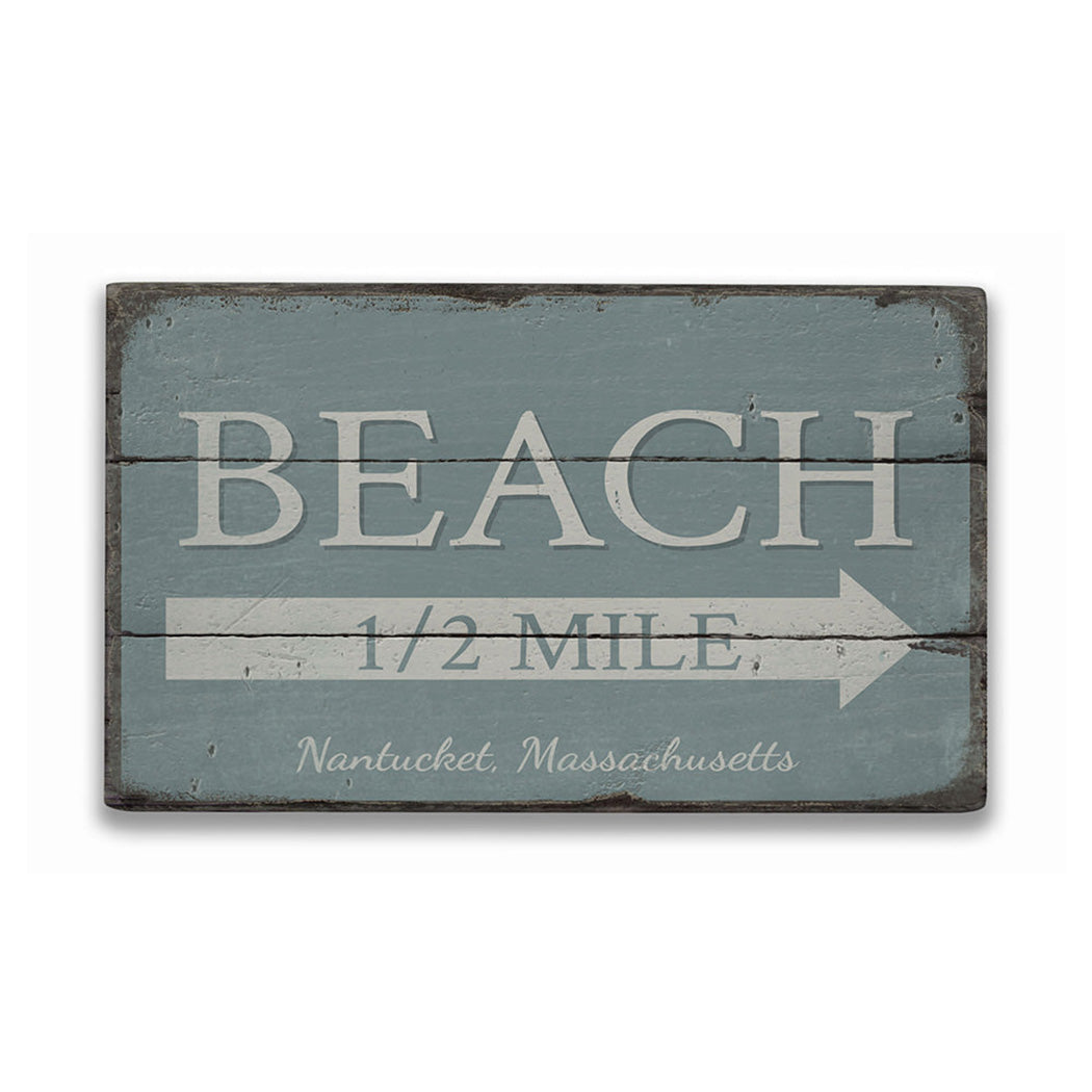 Panneau Décoratif En Bois Personnalisé "Beach Half Mile" - Style Rustique Vieilli, Bleu, Fabriqué Aux USA