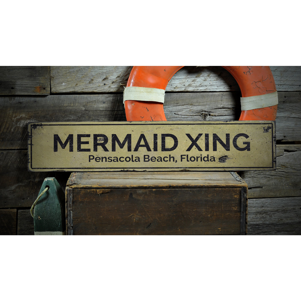 Mermaid Crossing Rustic Wood Sign