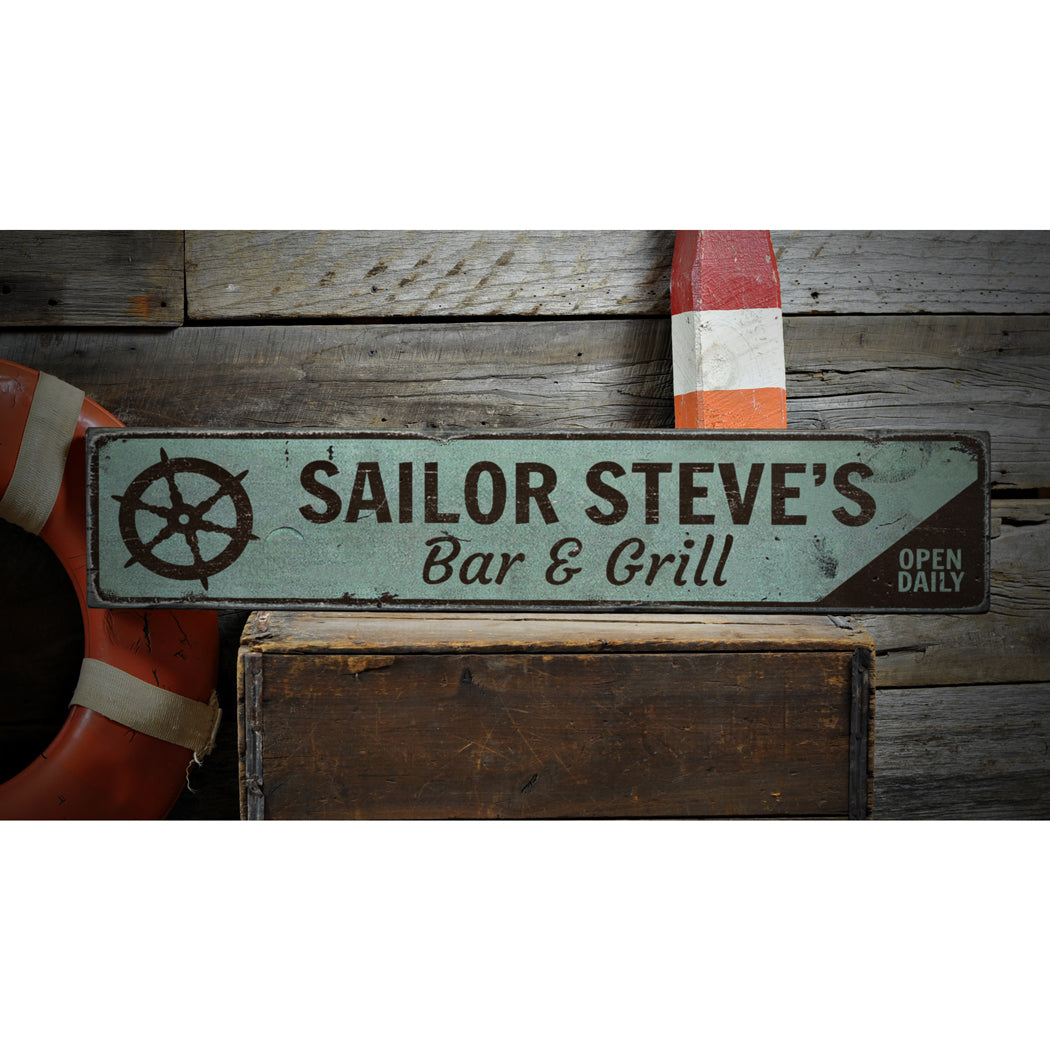 Ship Wheel Rustic Wood Sign