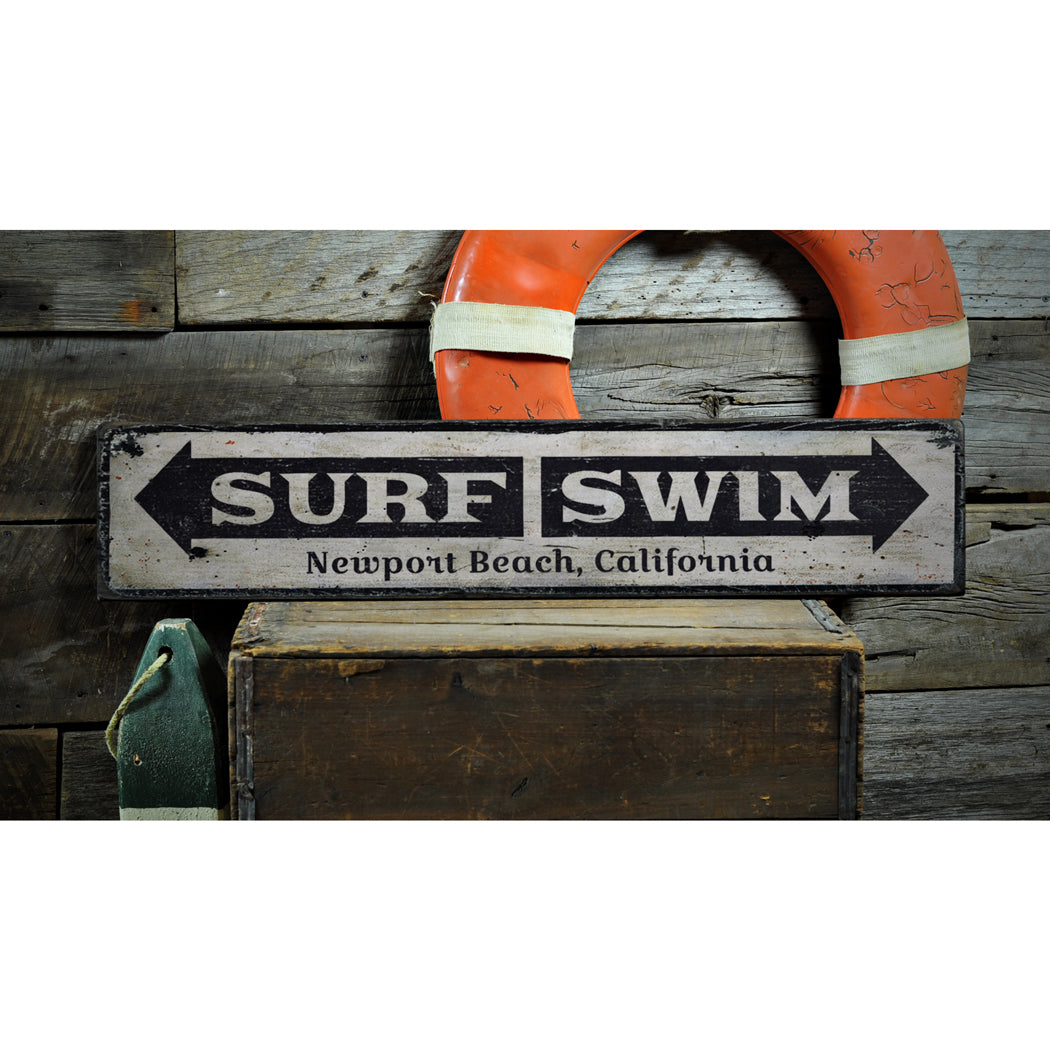 Surf Swim Arrow Rustic Wood Sign