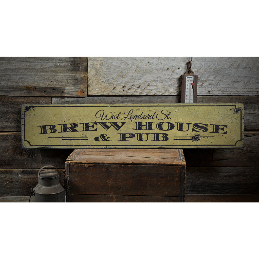 Pub & Brewhouse Address Rustic Wood Sign