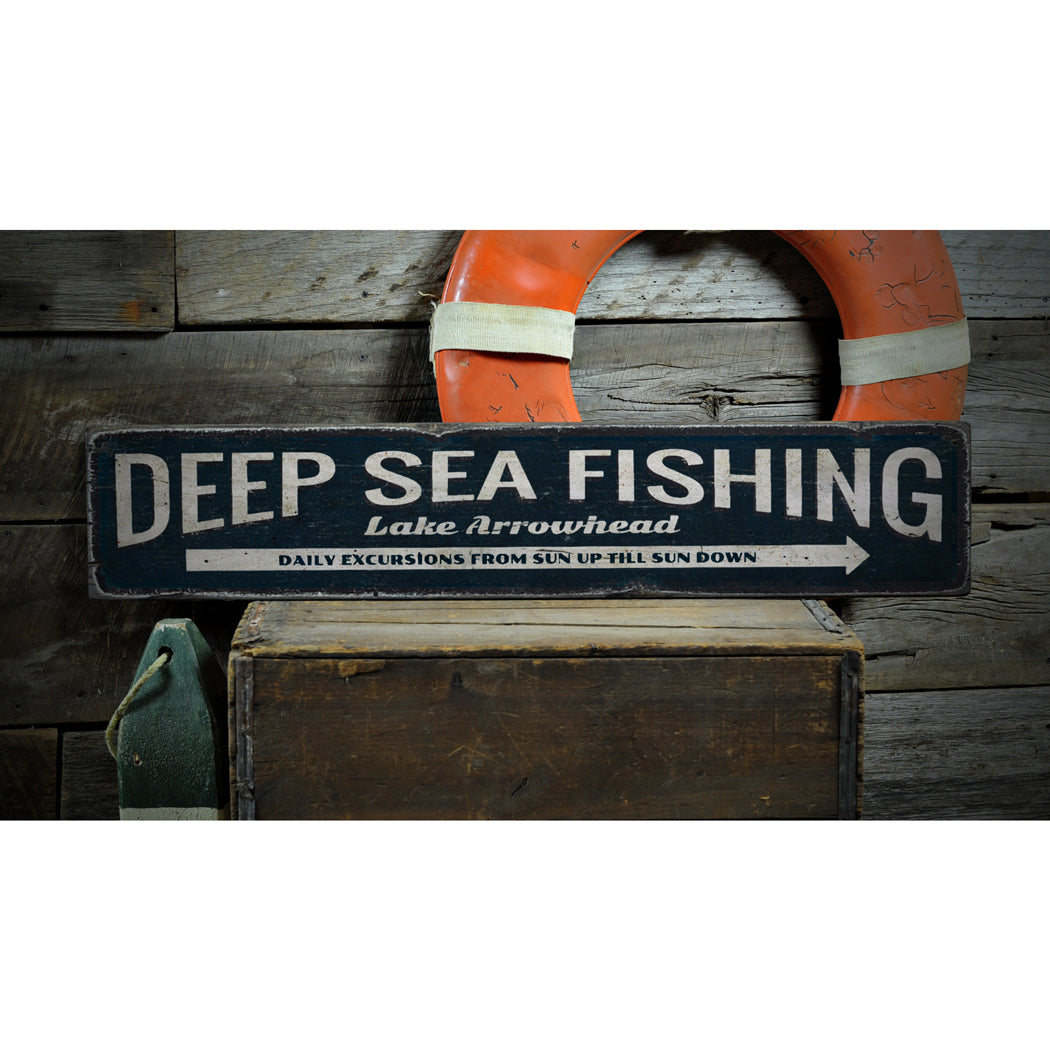 Deep Sea Fishing Arrow Rustic Wood Sign