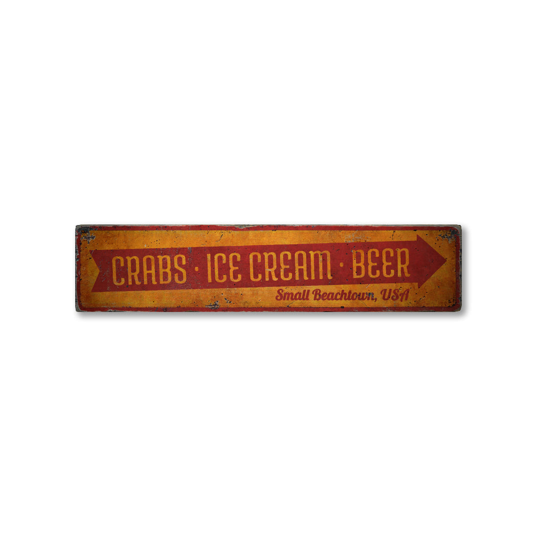 Crabs Ice Cream Beer Rustic Wood Sign