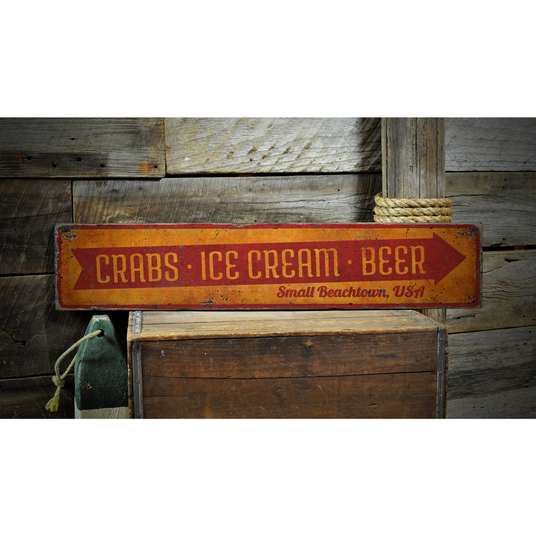 Crabs Ice Cream Beer Rustic Wood Sign