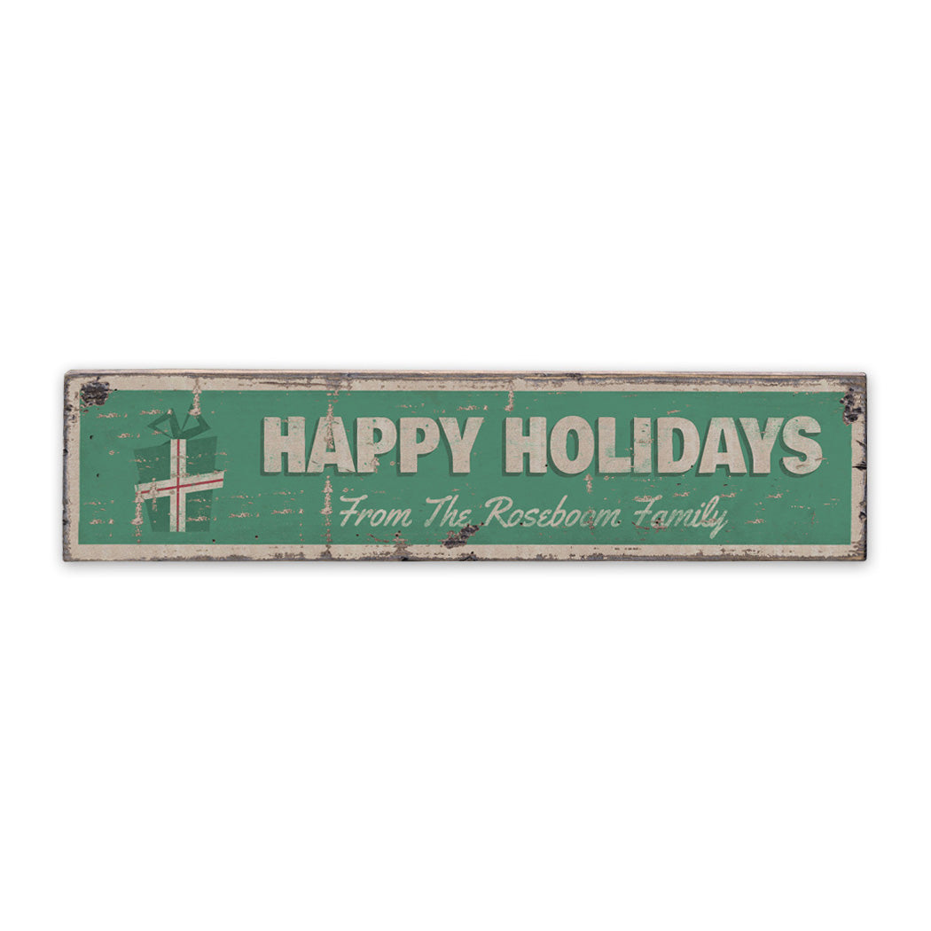 Happy Holidays Present Rustic Wood Sign