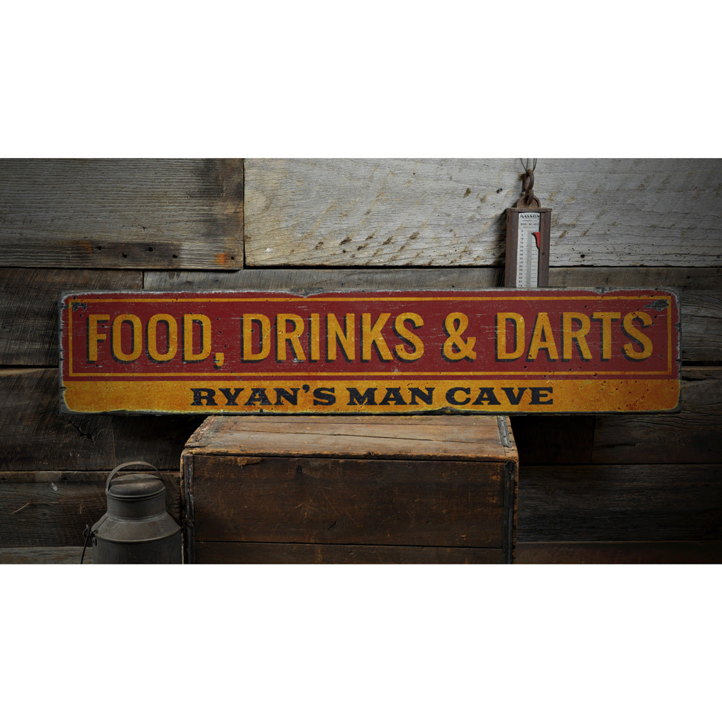 Food Drinks and Darts Rustic Wood Sign