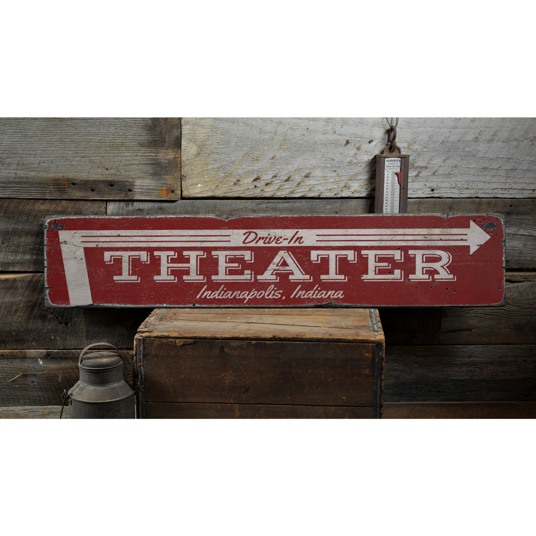 Drive-In Theater Arrow Rustic Wood Sign