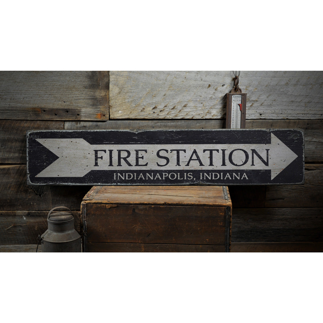 Fire Station Arrow Rustic Wood Sign