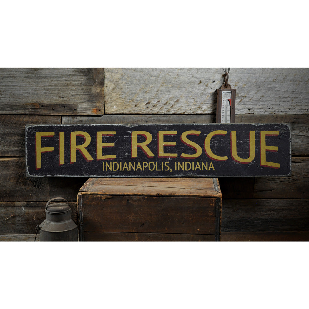 Fire Rescue City State Rustic Wood Sign