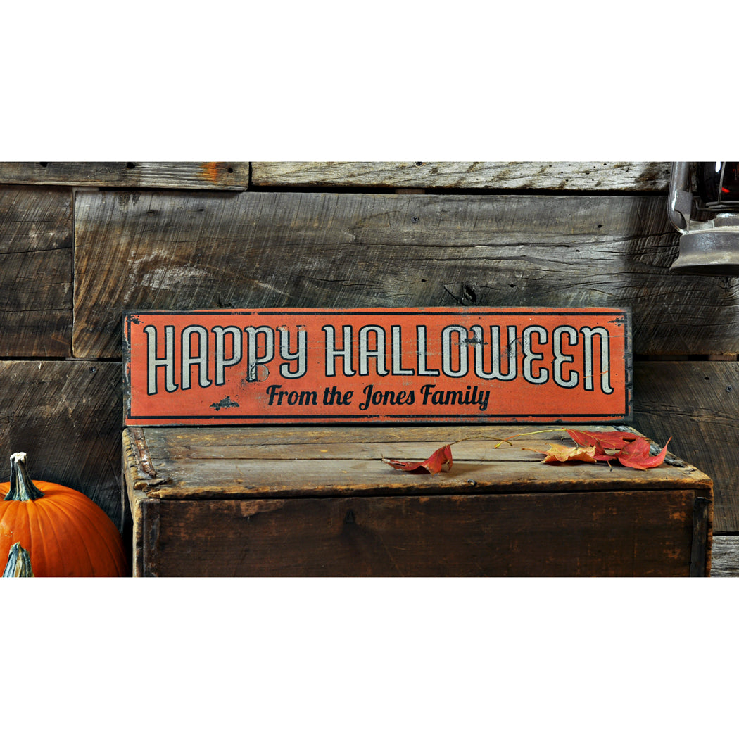 Family Name Happy Halloween Rustic Wood Sign