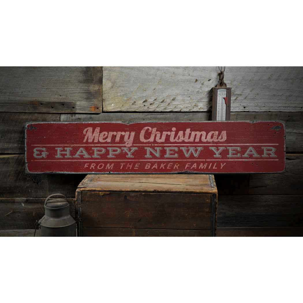 Merry Christmas & Happy New Year Family Rustic Wood Sign