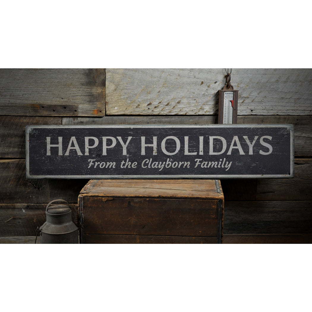 Happy Holidays Family Rustic Wood Sign