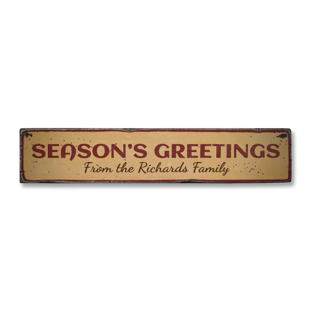 Season's Greetings Family Name Rustic Wood Sign