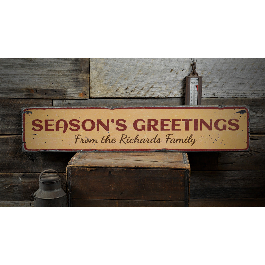 Season's Greetings Family Name Rustic Wood Sign