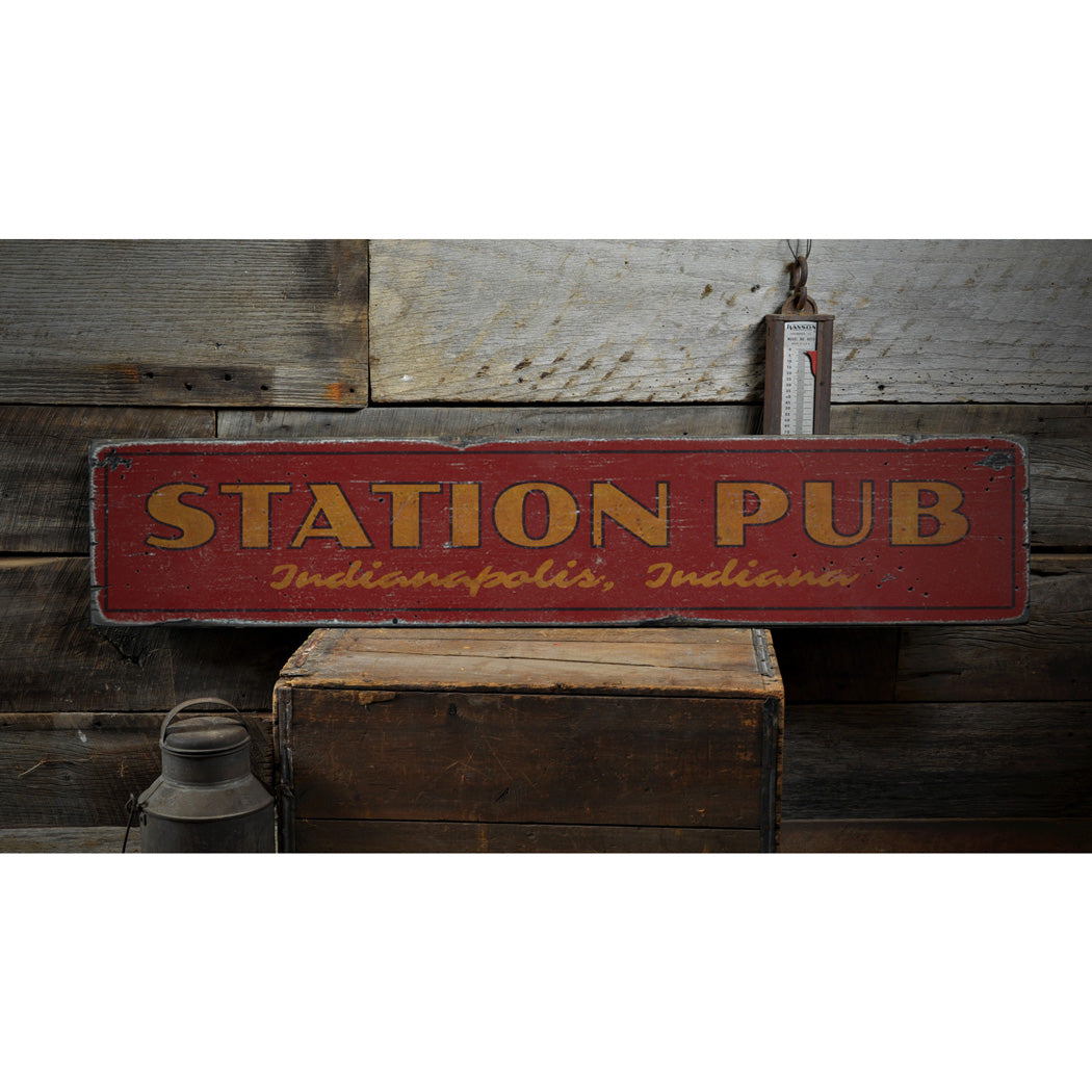 Station Pub Rustic Wood Sign