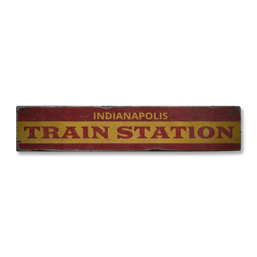 Train Station City Arrow Rustic Wood Sign