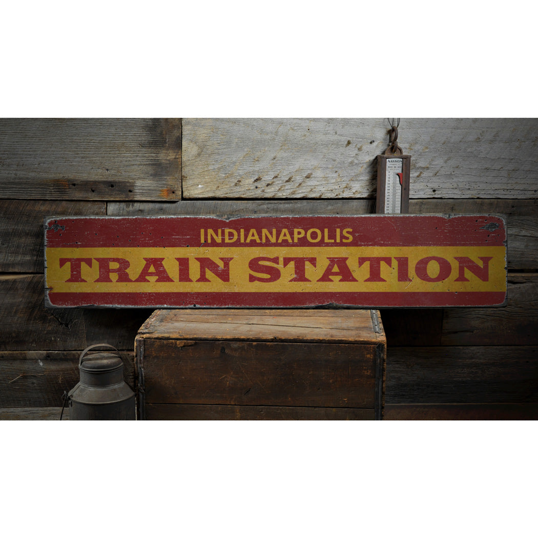 Train Station City Arrow Rustic Wood Sign