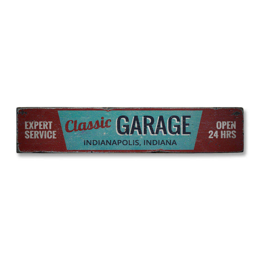 Classic Garage City State Rustic Wood Sign