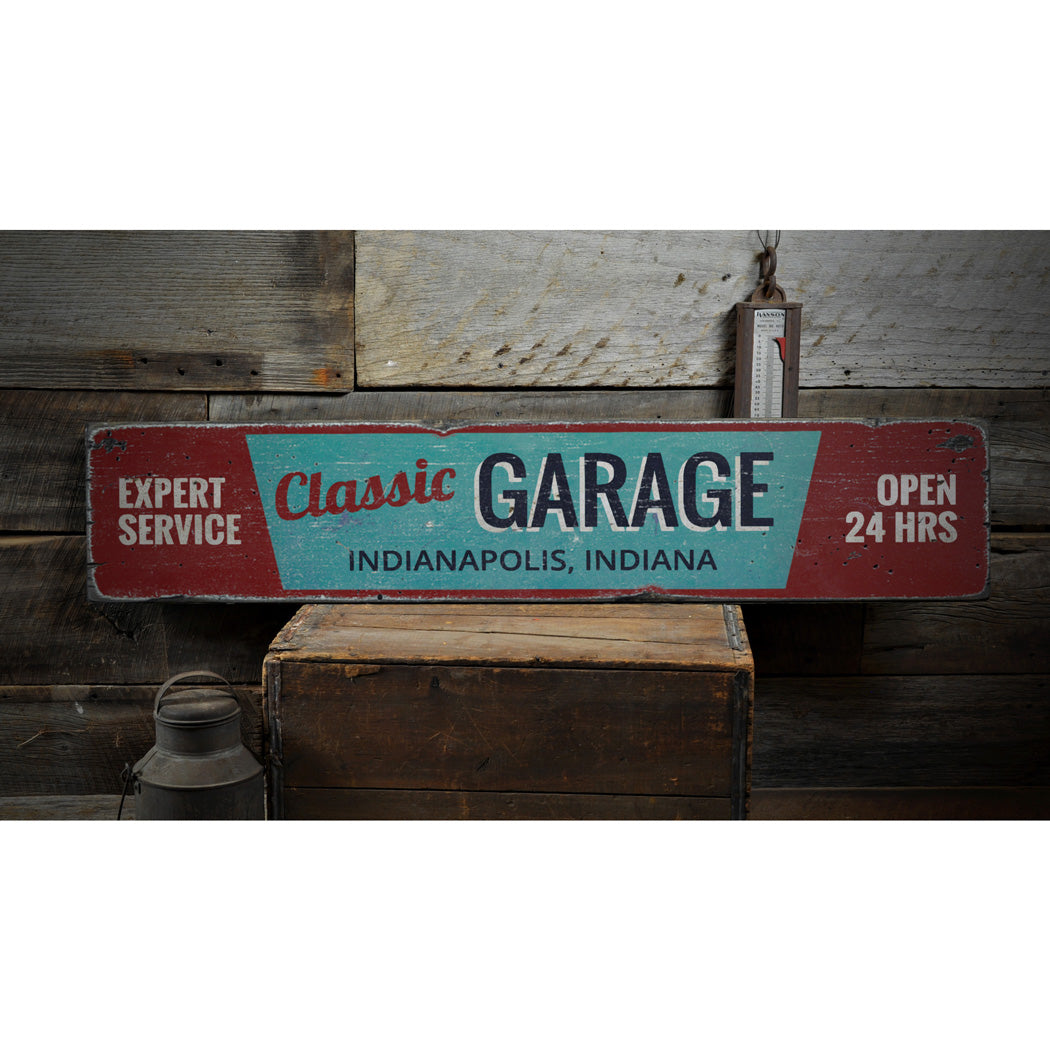 Classic Garage City State Rustic Wood Sign