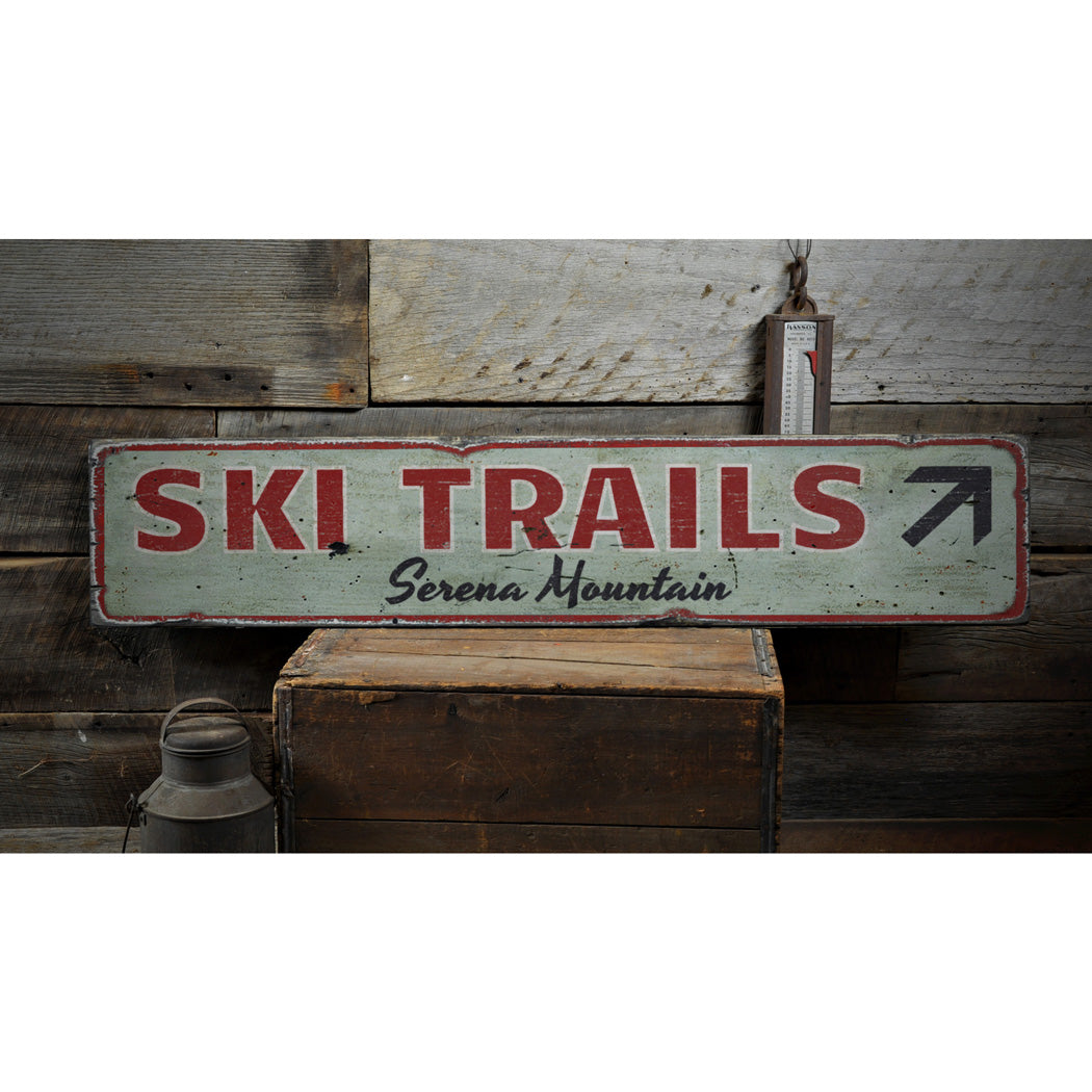 Mountain Ski Trails Arrow Rustic Wood Sign