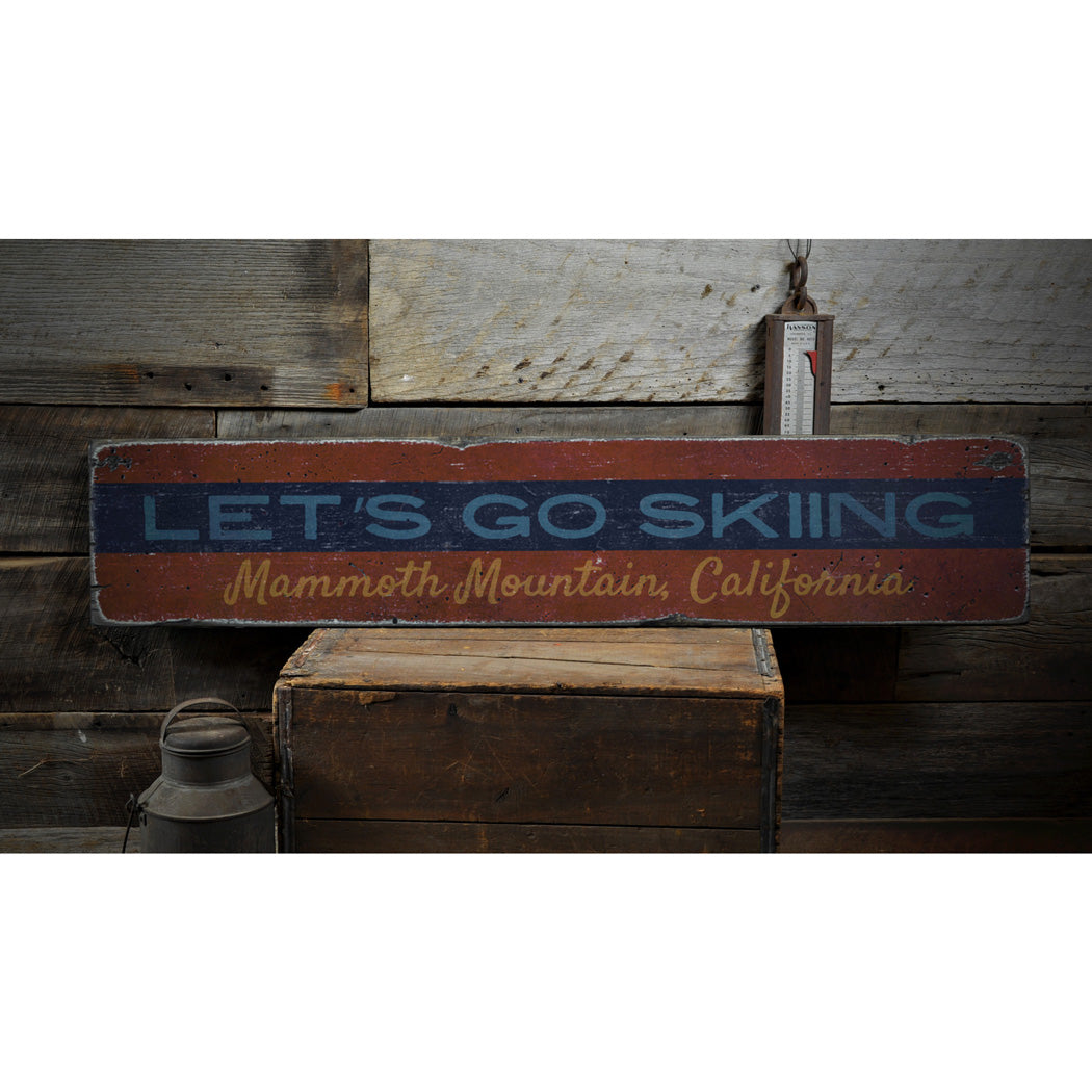 Lets Go Skiing Rustic Wood Sign