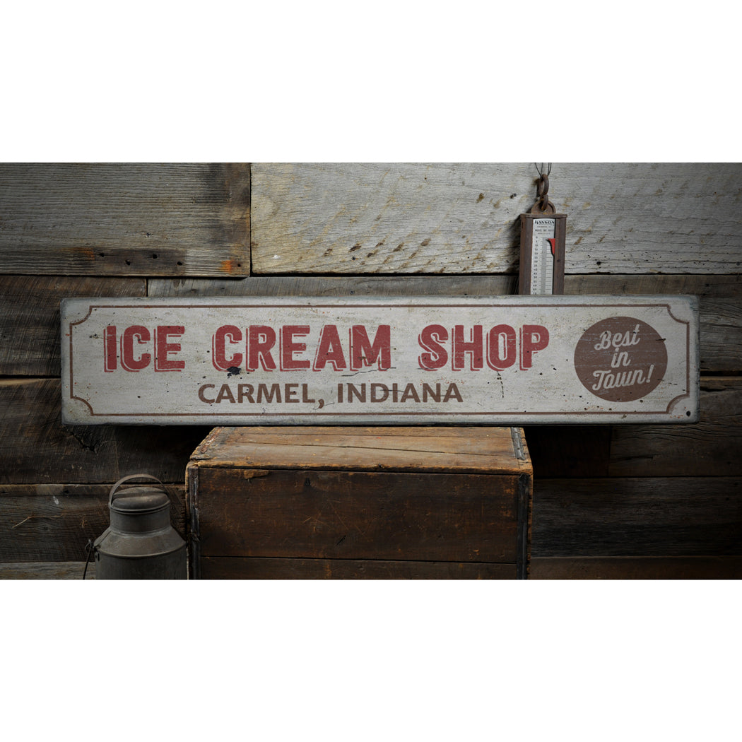 Ice Cream Shop Location Rustic Wood Sign