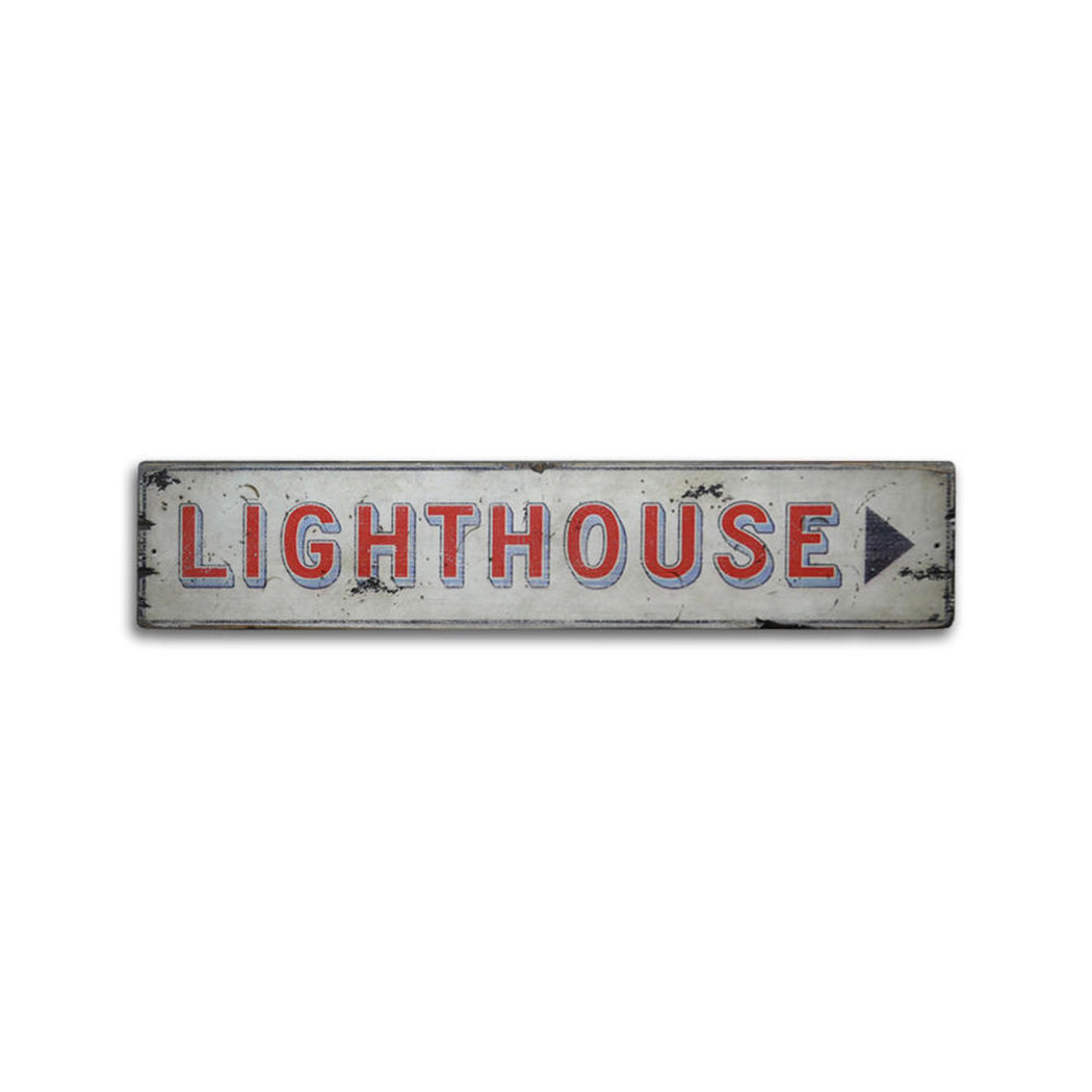 Directional Arrow Lighthouse Rustic Wood Sign