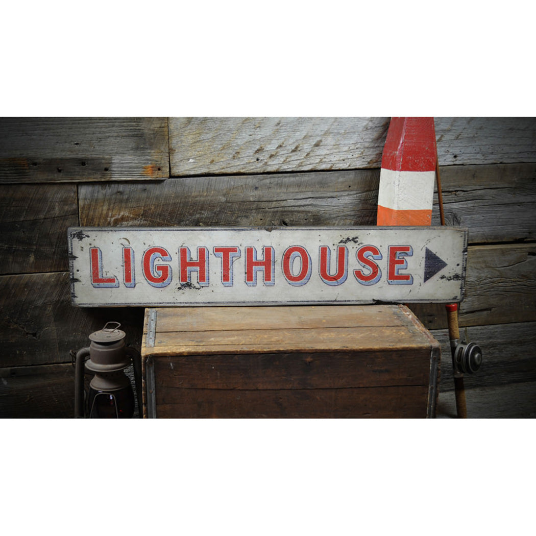 Directional Arrow Lighthouse Rustic Wood Sign