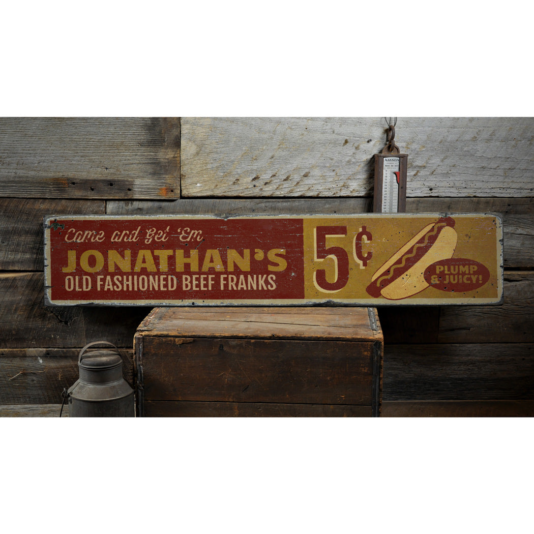 Old Fashioned Beef Franks Rustic Wood Sign