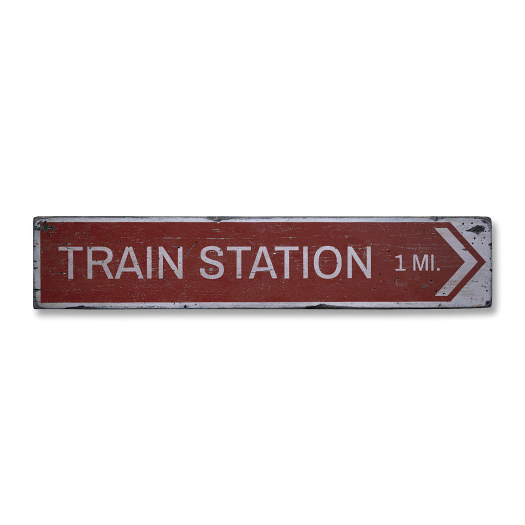 Train Station Arrow Rustic Wood Sign