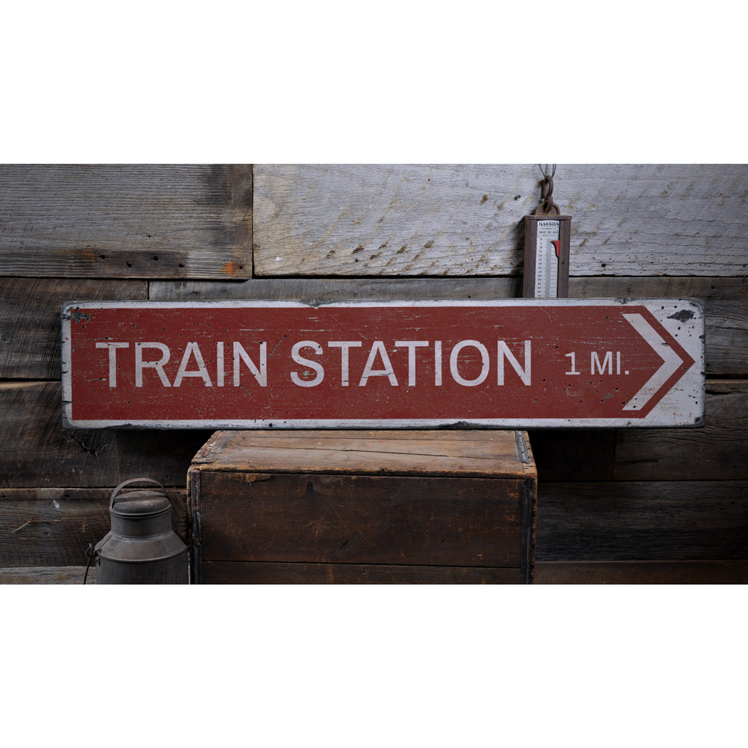 Train Station Arrow Rustic Wood Sign