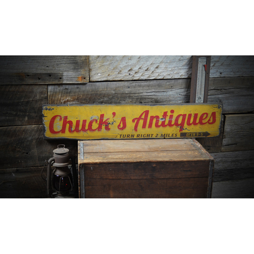 Antiques Arrow/Hours Rustic Wood Sign