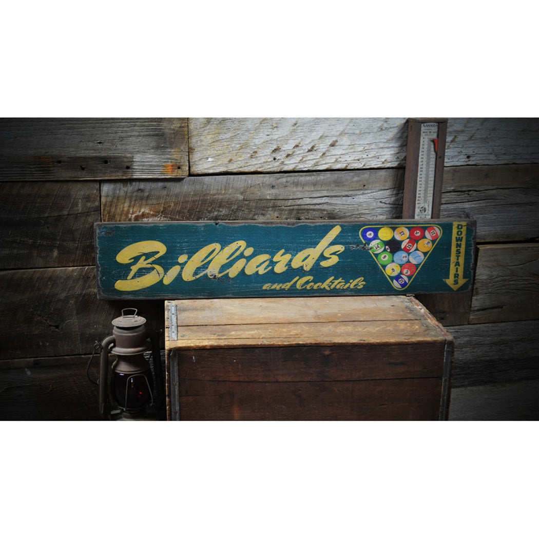 Billiards and Cocktails Downstairs Rustic Wood Sign