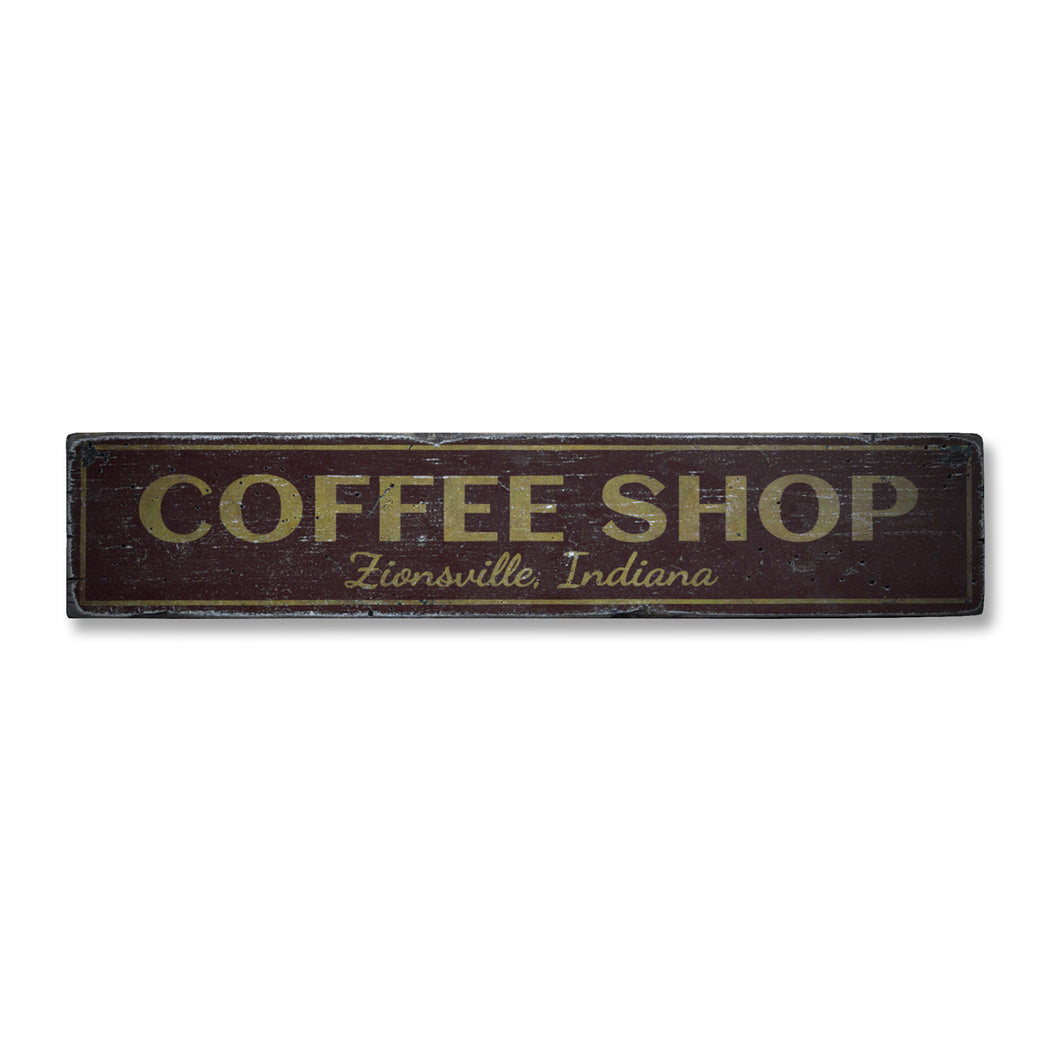 Coffee Shop City State Rustic Wood Sign