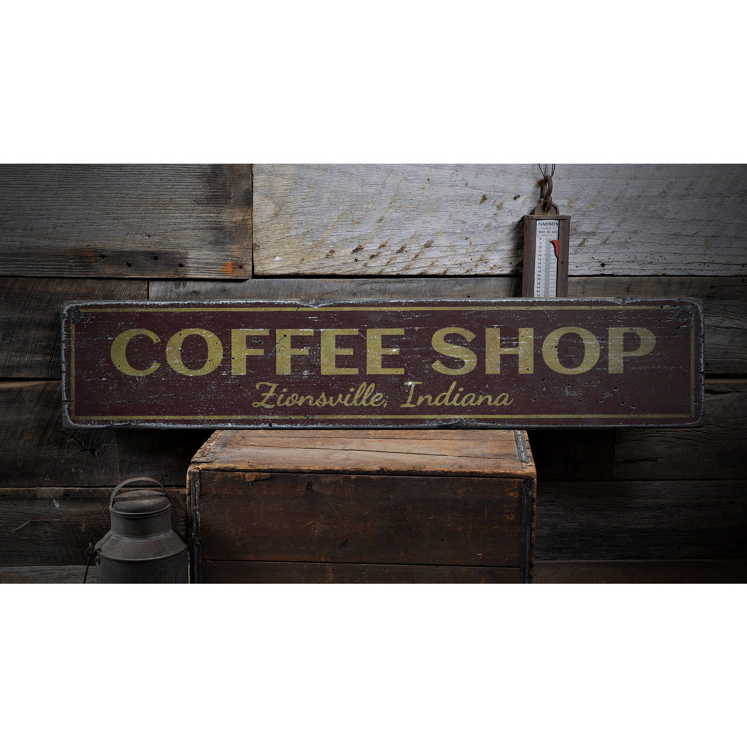 Coffee Shop City State Rustic Wood Sign