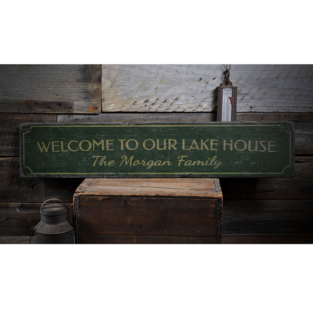 Welcome Family Name Lake House Vertical Rustic Wood Sign