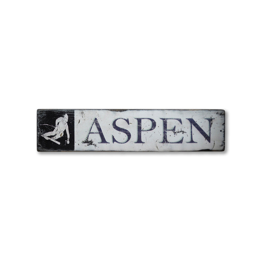 Aspen Snow Skier Rustic Wood Sign