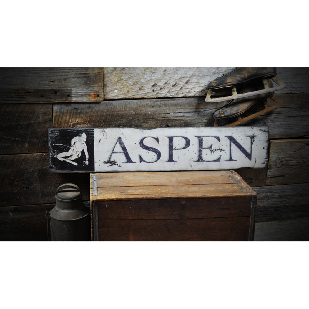 Aspen Snow Skier Rustic Wood Sign