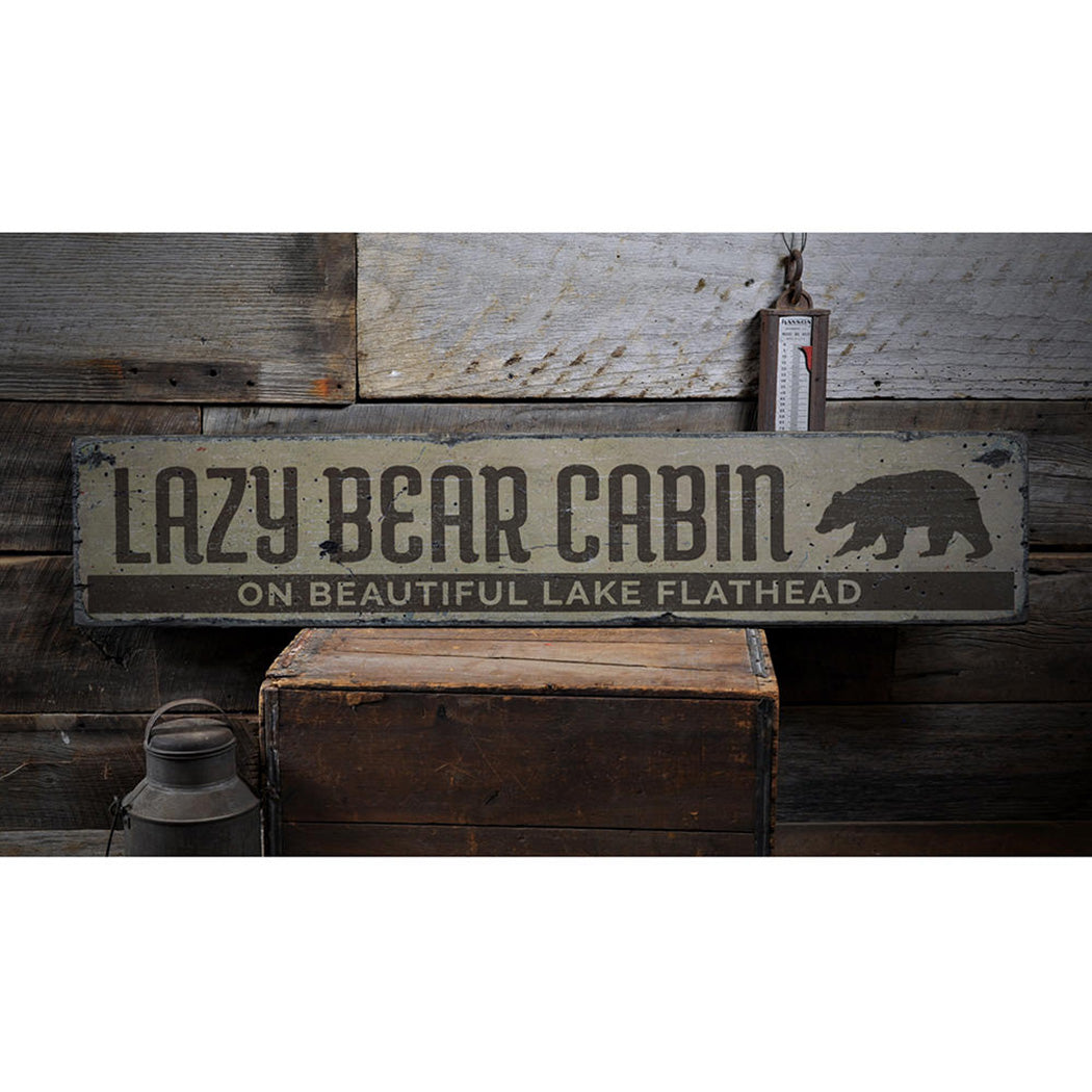 Lazy Bear Cabin Rustic Wood Sign