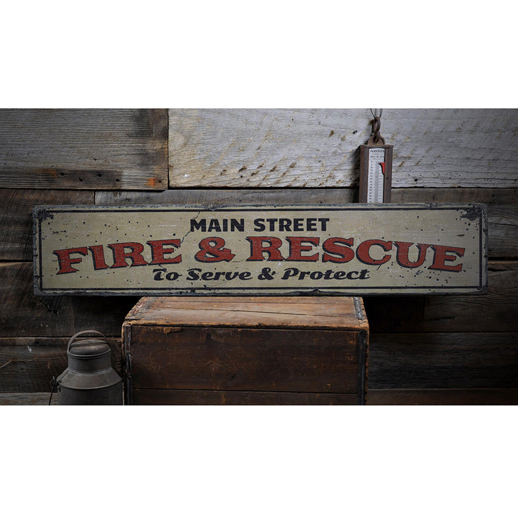 Fire & Rescue Street Name Rustic Wood Sign