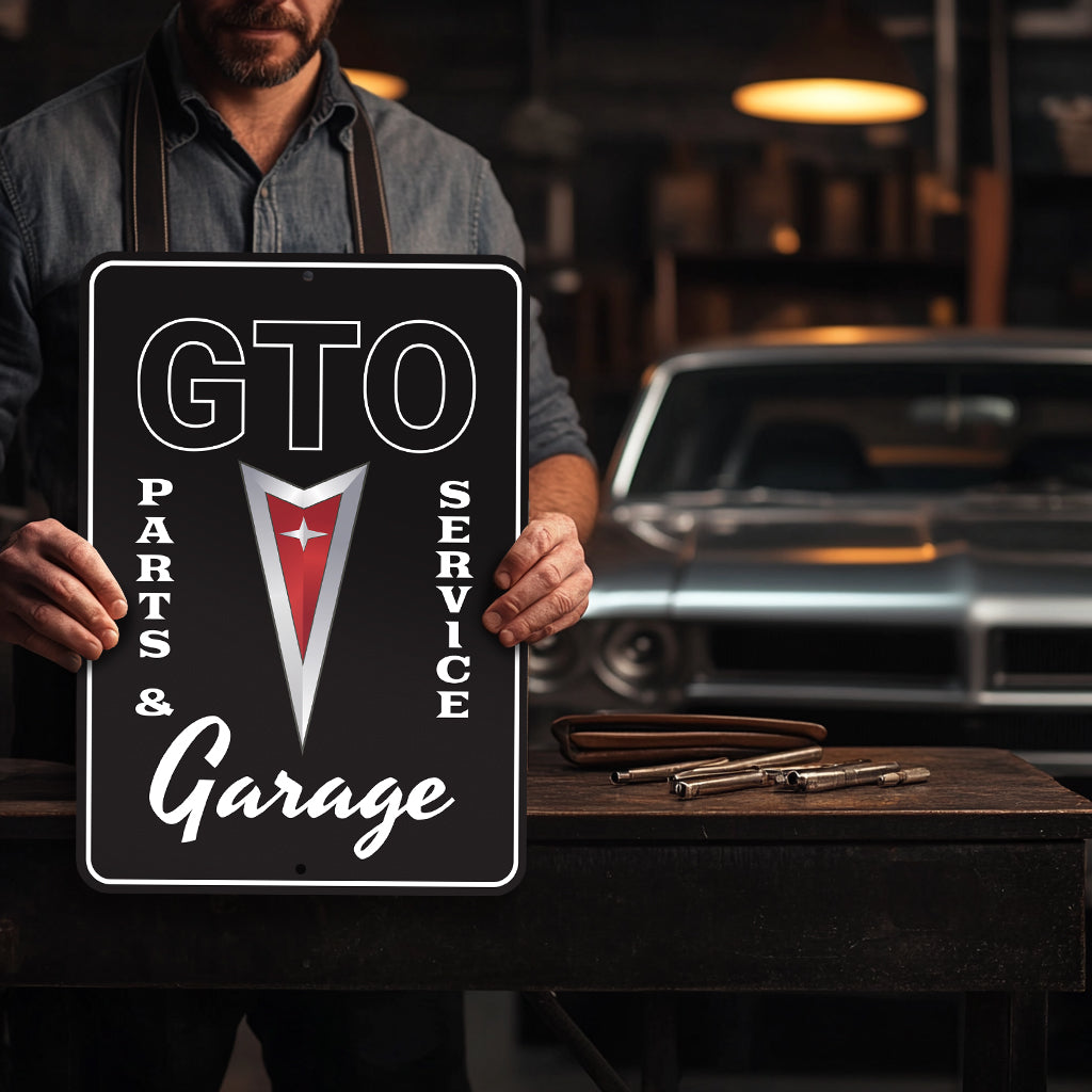 GTO Parts & Service Metal Sign | Classic Pontiac Garage Wall Art for Man Cave & Workshop