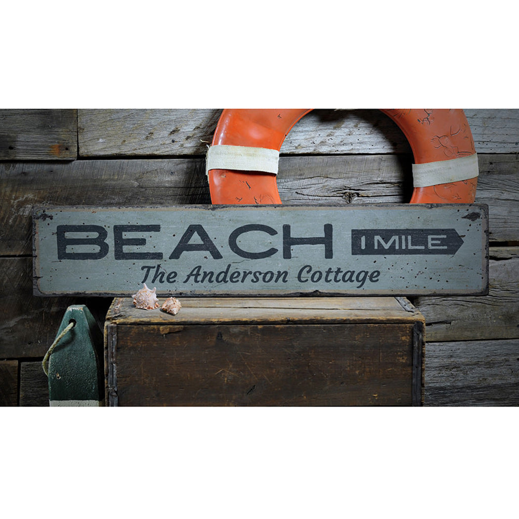 Beach Mileage Arrow Rustic Wood Sign