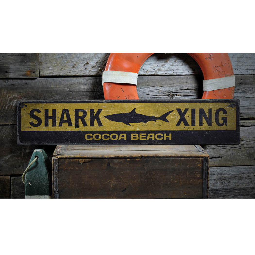 Shark Crossing Rustic Wood Sign