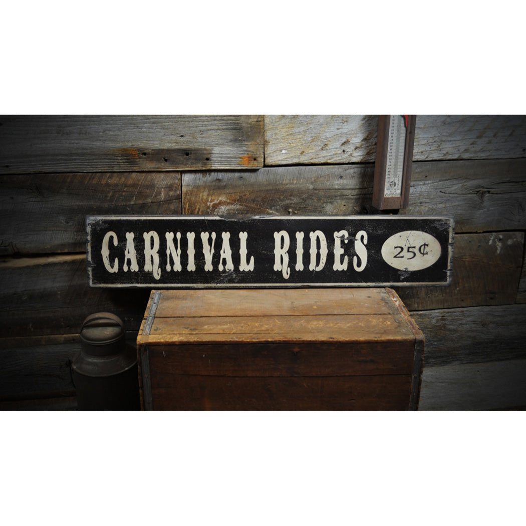 Carnival Rides 25 Cents Rustic Wood Sign