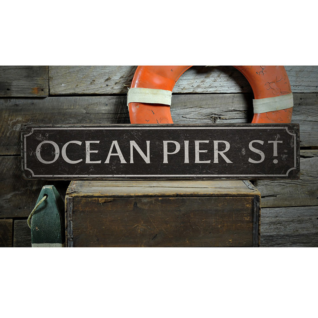 Ocean Pier Street Rustic Wood Sign