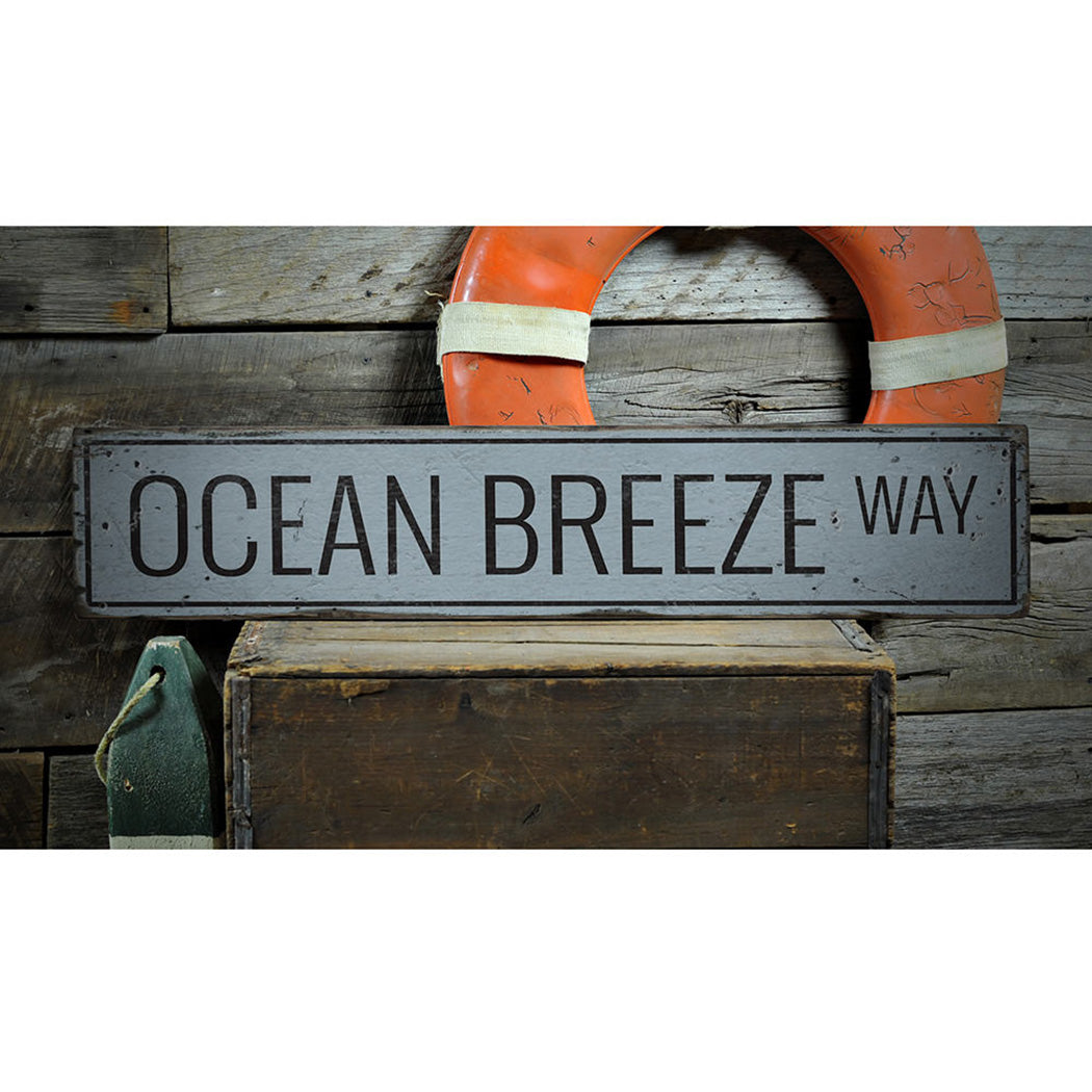 Ocean Breeze Way Rustic Wood Sign