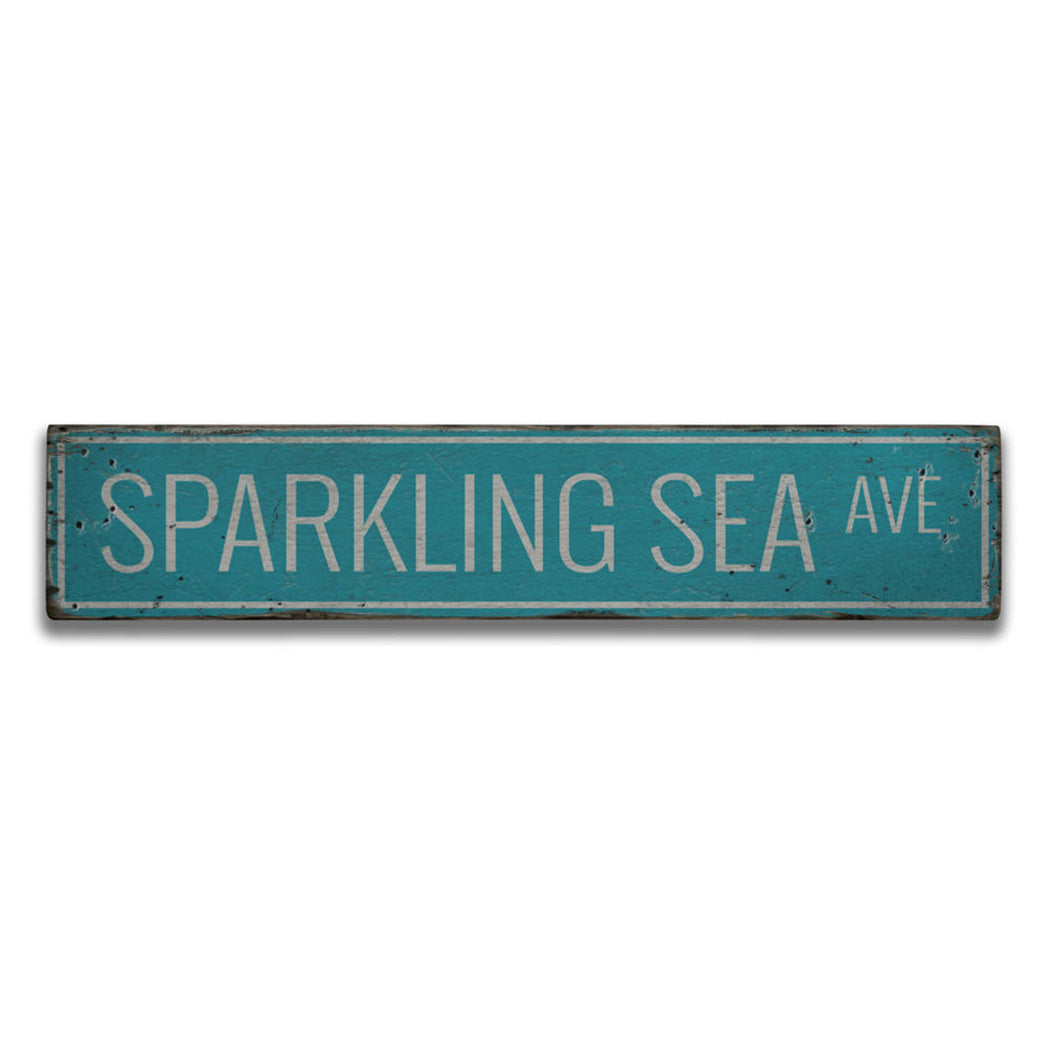 Sparkling Sea Avenue Rustic Wood Sign