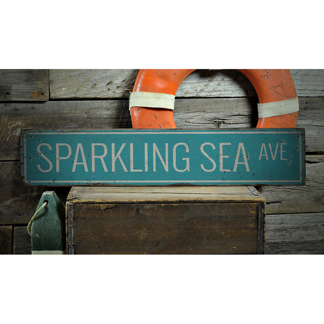 Sparkling Sea Avenue Rustic Wood Sign