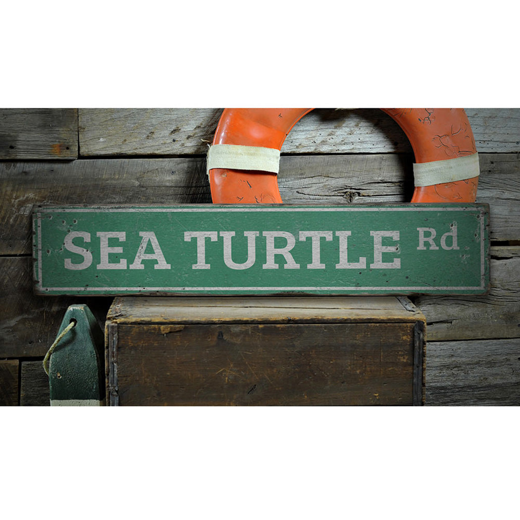 Sea Turtle Road Rustic Wood Sign