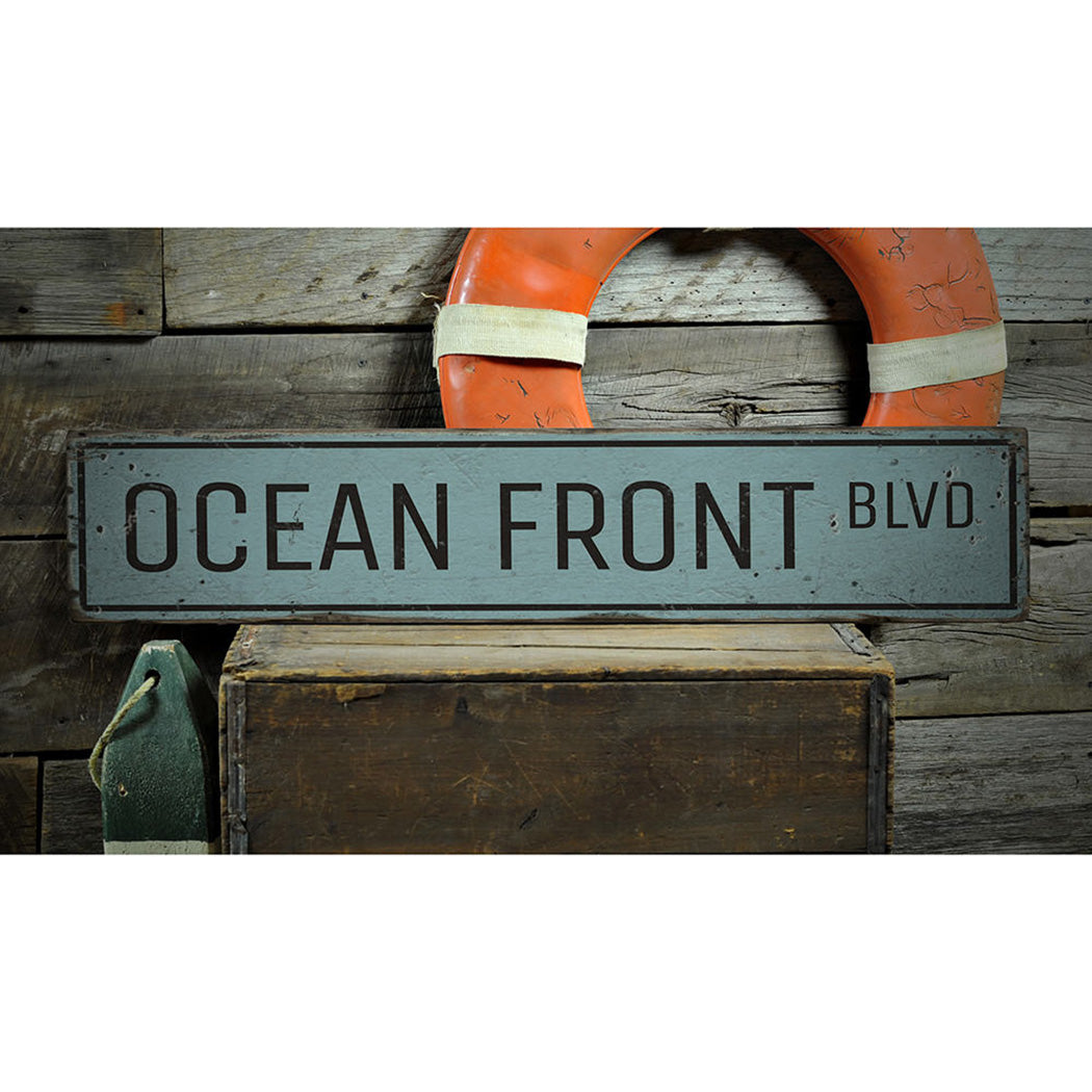 Oceanfront Blvd Rustic Wood Sign